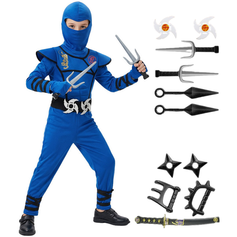 Kids Outdoor Ninja Equipment - ชุดนินจาสีดำและสีน้ำเงินสำหรับเด็ก ชุดคอสเพลย์ปาร์ตี้ฮาโลวีน พร้อมหน้ากากของเล่น ของขวัญสำหรับเด็กชายและเด็กหญิง ชุดแฟนซีสำหรับงานปาร์ตี้วันหยุด