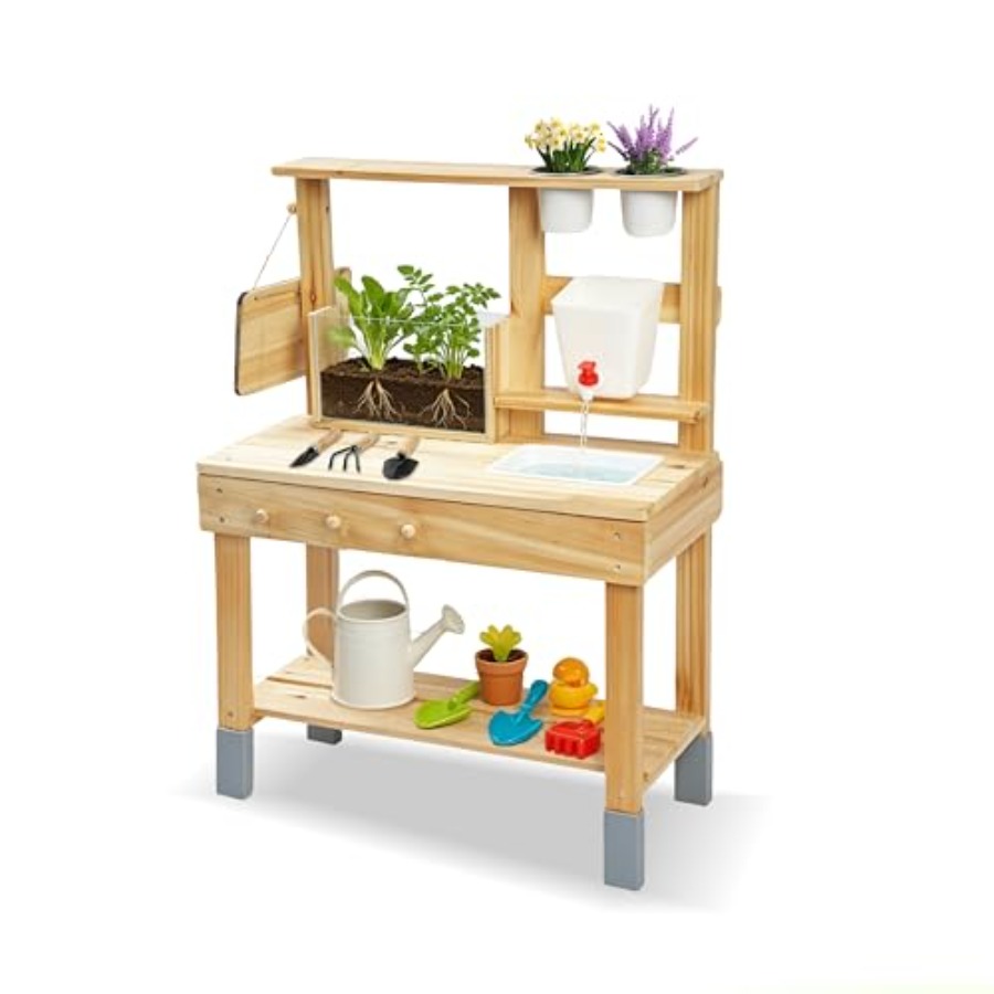 Kids Outdoor Chalkboard - โต๊ะปลูกต้นไม้กลางแจ้งสำหรับเด็กพร้อมกระถางใส, สถานีทำสวนไม้สีไม้ธรรมชาติพร้อมก๊อกน้ำ, กระดานดำ, และอื่นๆ