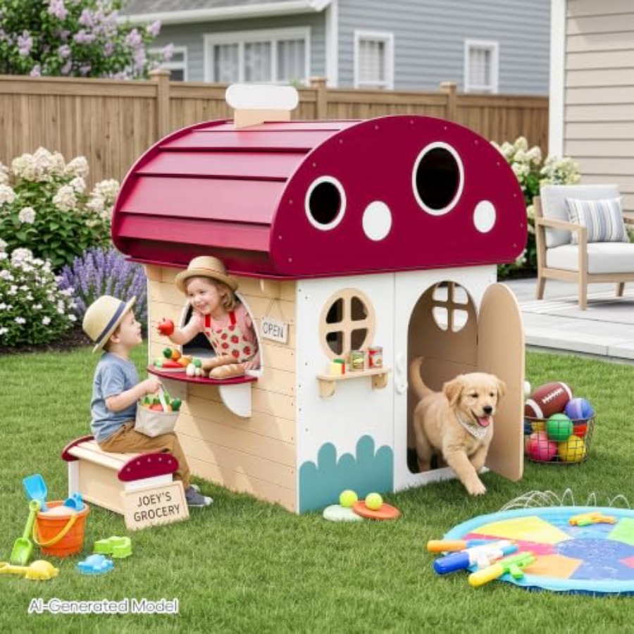 Kids Outdoor Chalkboard - บ้านเด็กเล่นกลางแจ้งทำจากไม้เนื้อแข็งสำหรับเด็กอายุ 3-8 ปี: ครัวเด็กเล่นกลางแจ้งสีขาวพร้อมกระดานดำ, ประตูครึ่งบาน, โต๊ะอเนกประสงค์,