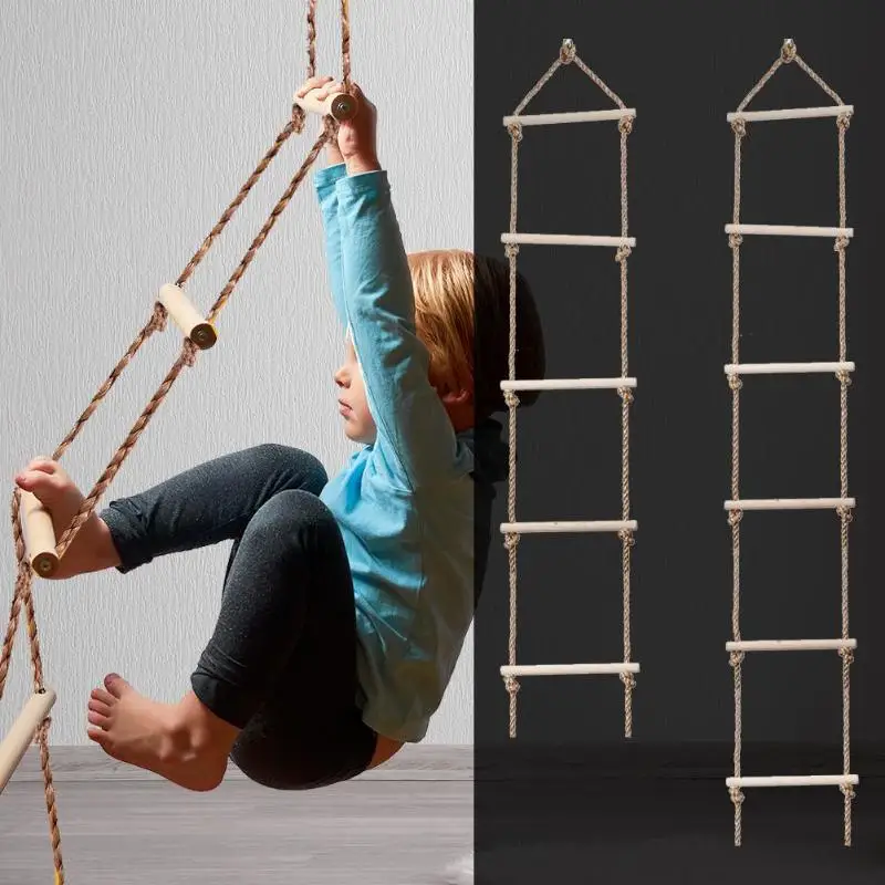 Kids Outdoor Ladder - บันไดไม้สำหรับเด็กสำหรับกิจกรรมกลางแจ้งใช้เชือกแกว่งสายรัดนิรภัยปลอดภัยบันไดไม้หลายขั้นปีนเกมปีนเขาสวนกีฬาปีนเขา