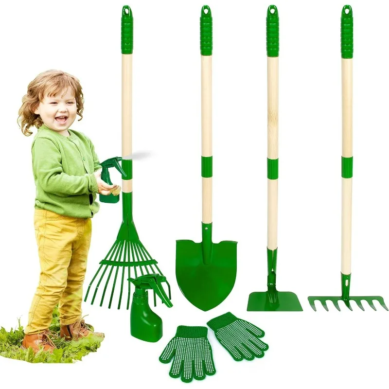 Kids Outdoor Yard Tools - ชุดเครื่องมือทำสวนสำหรับเด็ก 7 ชิ้น ชุดรถเข็นพร้อมพลั่ว คราด คราดใบไม้