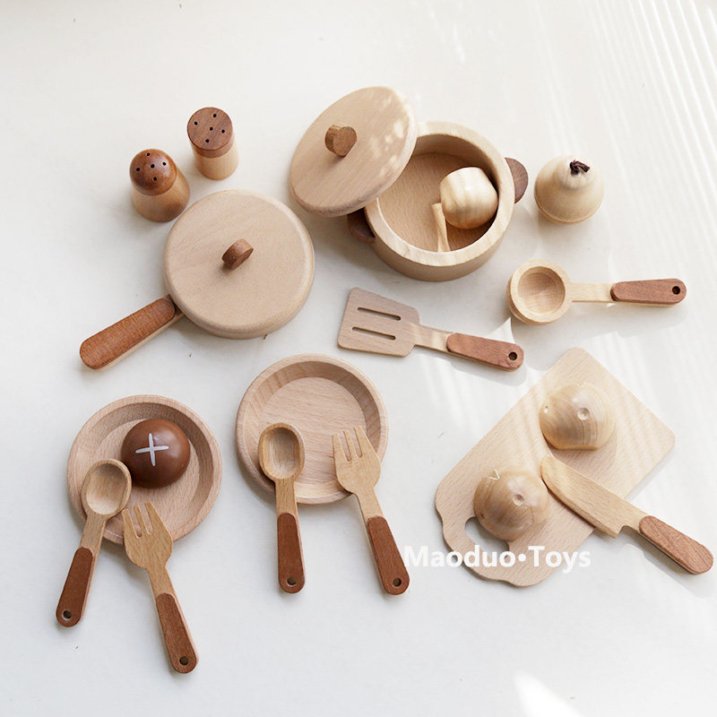 Kids Outdoor Kitchen Set - ชุดครัวไม้บีชสำหรับเด็กของเล่น Maoduo พร้อมอุปกรณ์ทำครัว หม้อ ชุดของเล่นทำอาหารเสมือนจริง ชุดหั่นอาหาร
