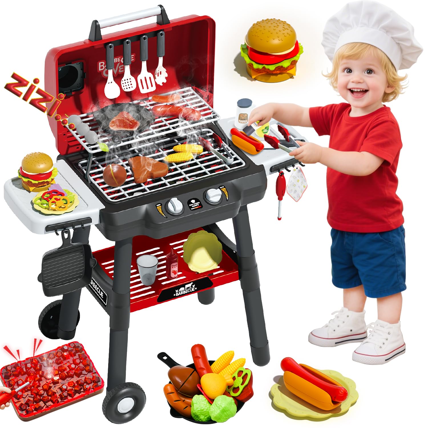 Kids Outdoor Bbq - ชุดของเล่นเตาย่างบาร์บีคิวสำหรับเด็ก พร้อมแสง เสียง เอฟเฟกต์ควัน และล้อ 2