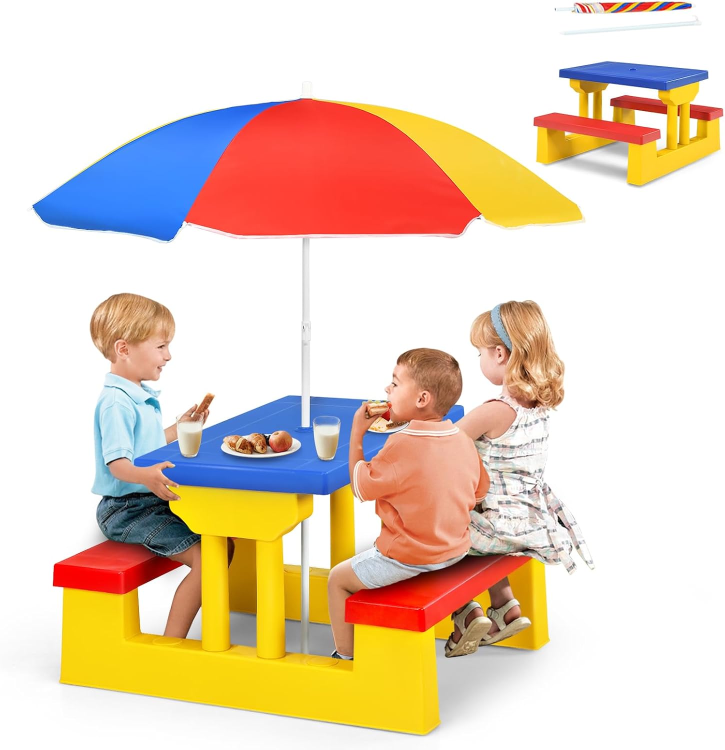 Kids Outdoor Bench With Umbrella - ARMILE โต๊ะปิกนิกสำหรับเด็ก ชุดโต๊ะและม้านั่งสำหรับเด็กในร่มและกลางแจ้ง พร้อมร่มแบบถอดได้และพับได้ พกพาสะดวกสำหรับเด็กเล็ก