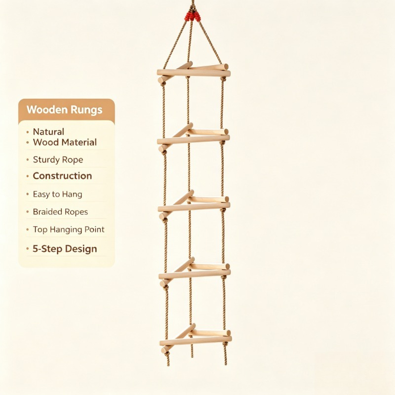 Kids Outdoor Ladder - บันไดเชือกปีนป่ายรูปสามเหลี่ยมไม้ 5 ขั้น แบบหัวเดียว ของเล่นเด็ก ชิงช้า